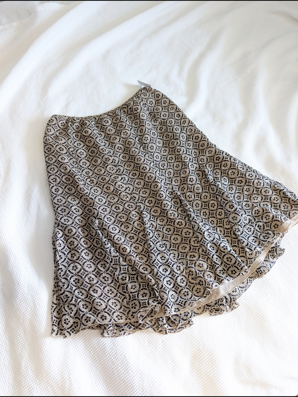 Vintage Patterned Beige and Black A-Line Skirt